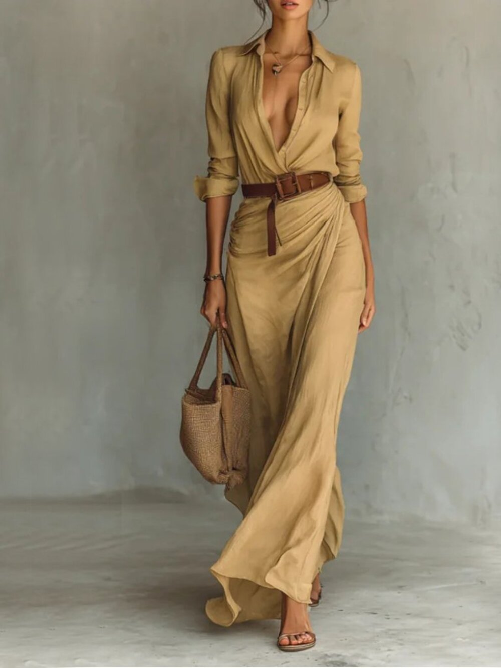 Women's Khaki Irregular Shirt Dress with Belt – Elegant Long Sleeve Button Lapel